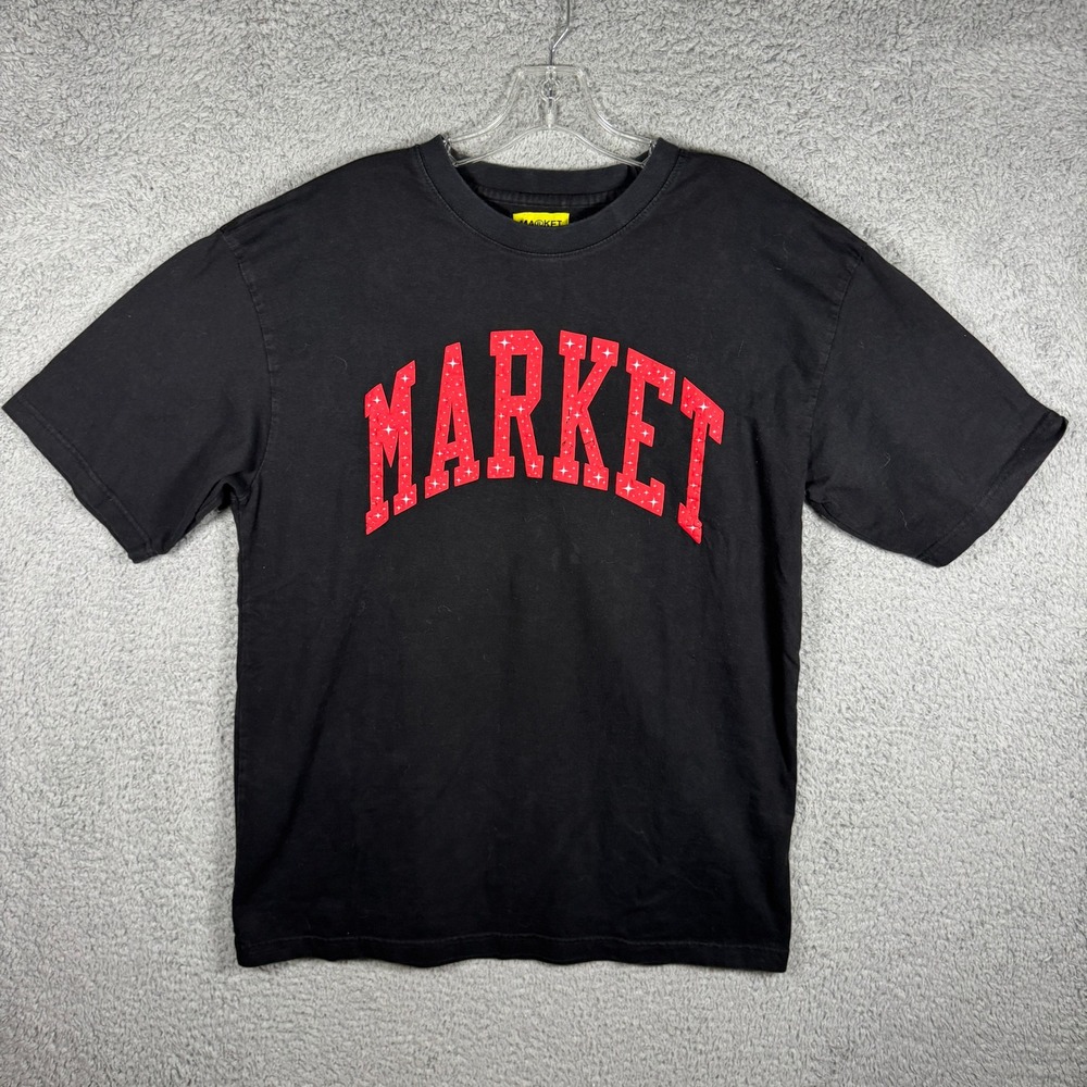 Market Mens Black Graphic T-Shirt Red Sparkle Logo Streetwear Chinatown Y2K XL